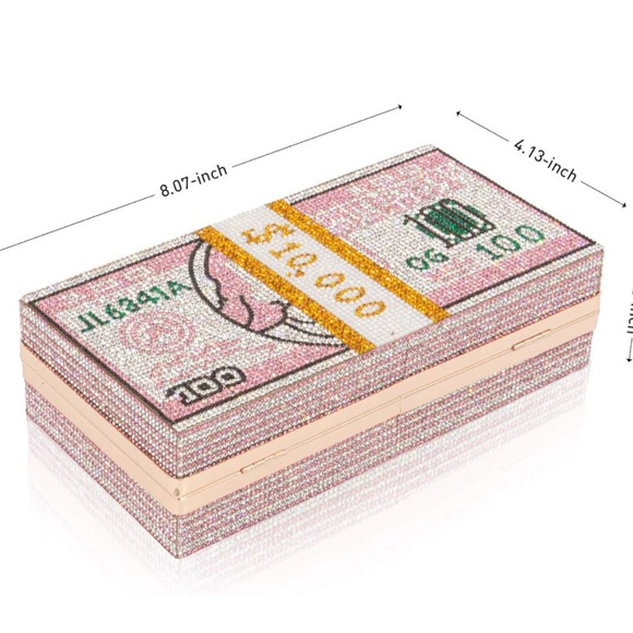 Women’s stack of cash evening bag crystal rhinestone clutch/shoulder bag. - Picture 3 of 8